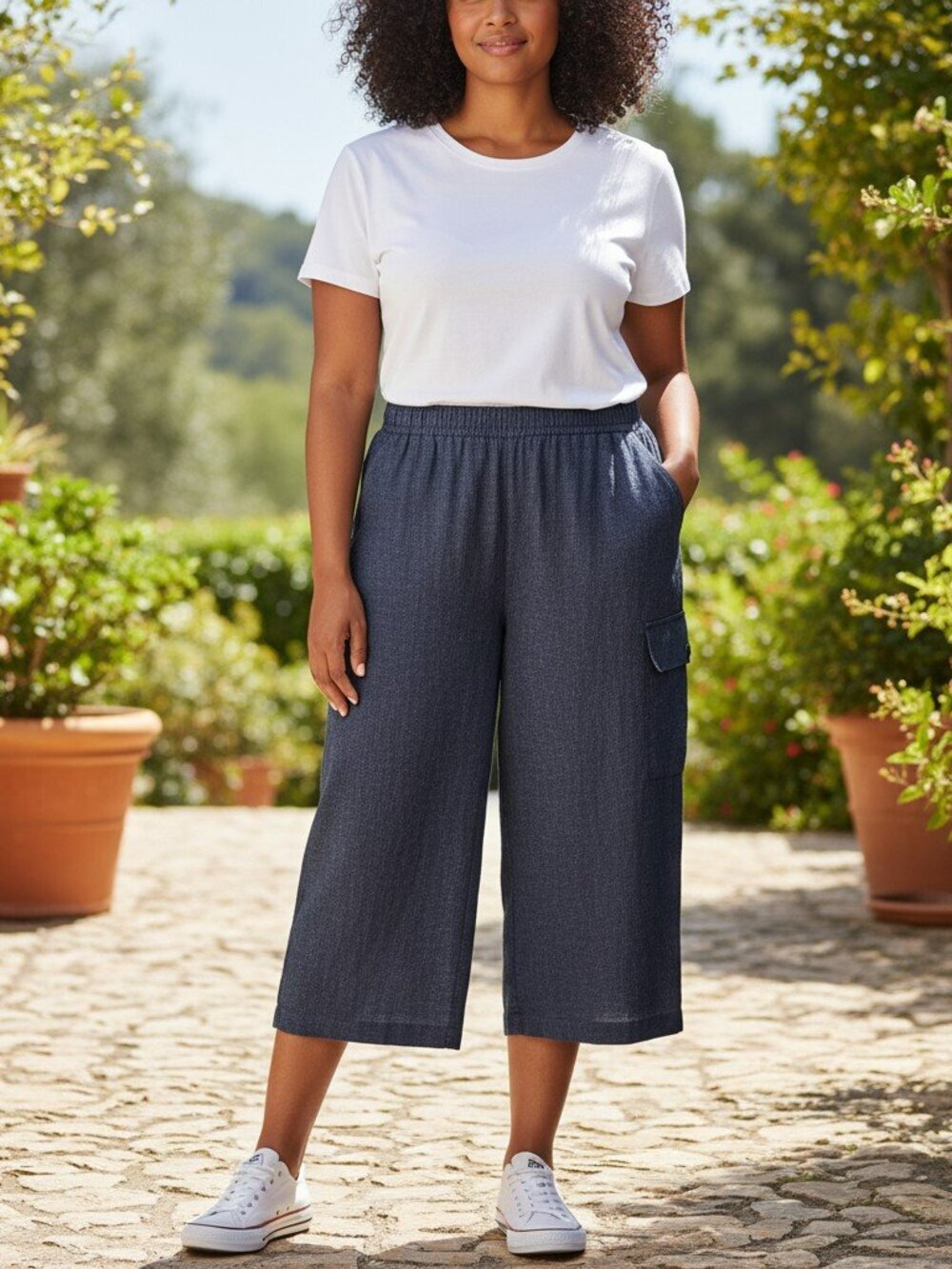 NTCO Nomadic Traders Size XL Blue Linen Elastic Waist Wide Leg Capri Crop Pants